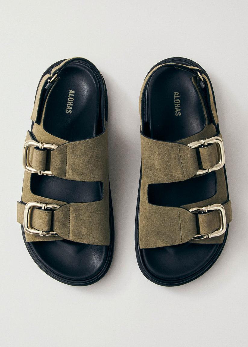 Alohas Harper Suede Khaki Leather Sandals Liquidación