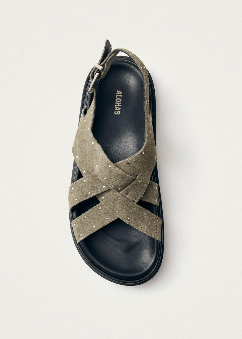 Alohas Trunca Sandalias de Cuero Ante Color Caqui con Tachuelas Descuento