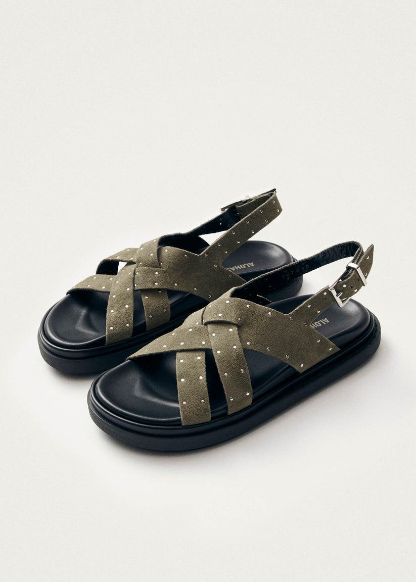 Alohas Trunca Sandalias de Cuero Ante Color Caqui con Tachuelas Ahorra y exporta