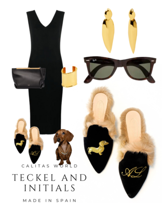 Calita Shoes ​MULES FUR BLACK VELVET GOLDEN TECKEL AND INITIALS Devoluciones gratuitas