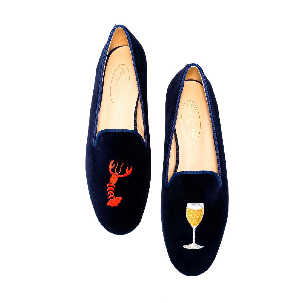 Calita Shoes ​LOAFERS MEN NAVY 9CO VELVET R22 LOBSTER AND CHAMPAGNE GLASS