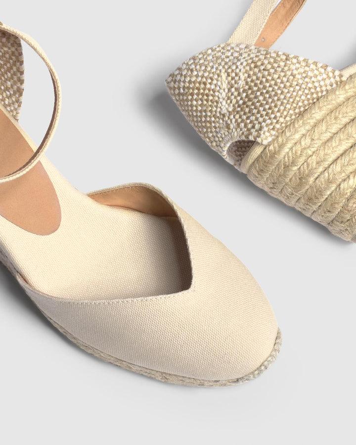 Castañer CASTAÑER | Alpargatas Chiarita en algodón orgánico cierre lateral de pulsera con hebilla metálica y cuña de 7cm.  – Castañer Rebajas de fin de temporada