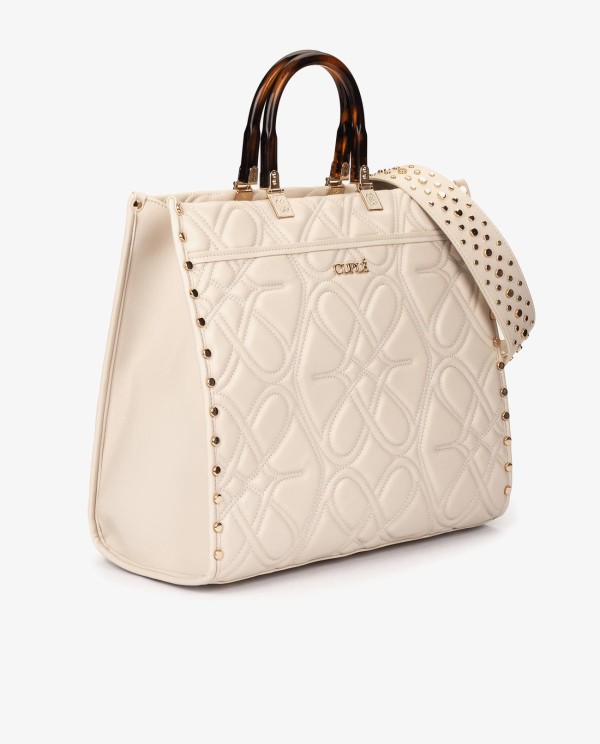Cuplé MAXI SHOPPER GRABADO LOGOS DE TECNOPIEL BEIGE CON ASAS EFECTO CAREY Venta caliente
