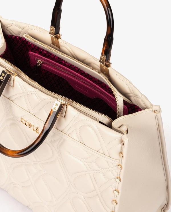 Cuplé MAXI SHOPPER GRABADO LOGOS DE TECNOPIEL BEIGE CON ASAS EFECTO CAREY Venta caliente