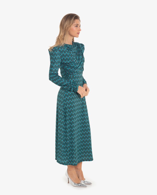 Cuplé VESTIDO DRAPEADO ESTAMPADO GEOMETRICO AZUL Último día