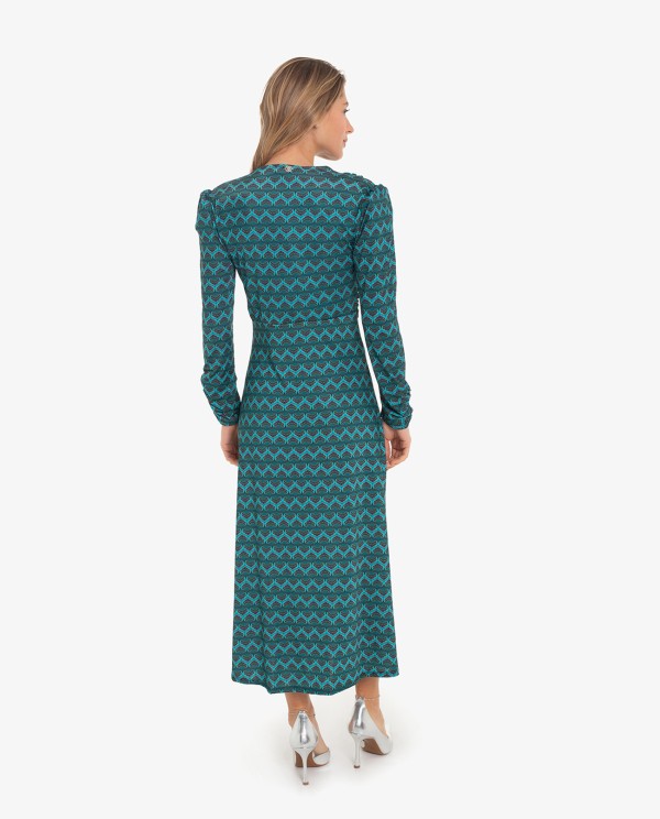 Cuplé VESTIDO DRAPEADO ESTAMPADO GEOMETRICO AZUL Último día
