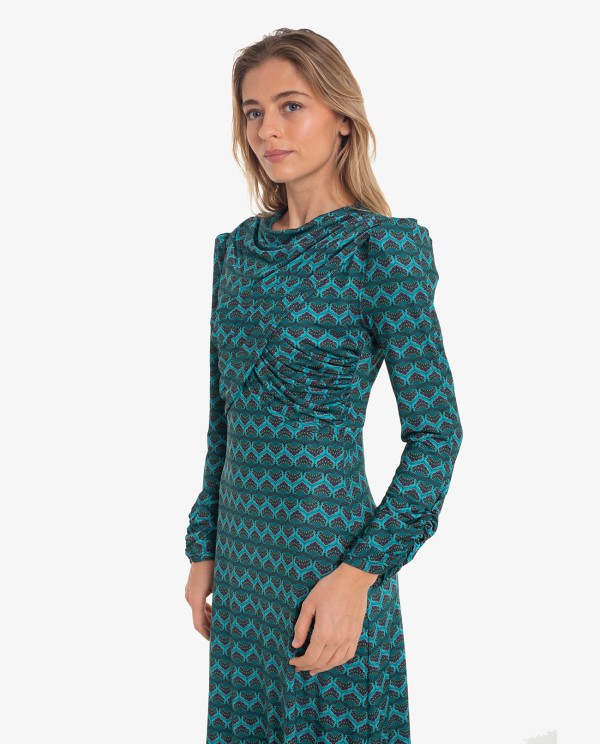 Cuplé VESTIDO DRAPEADO ESTAMPADO GEOMETRICO AZUL Último día