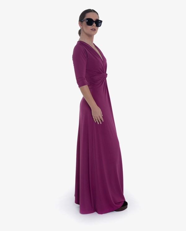 Cuplé MAXI VESTIDO MAGENTA DE PUNTO CON NUDO FRONTAL Y MANGAS TRES CUARTOS Precio de fábrica