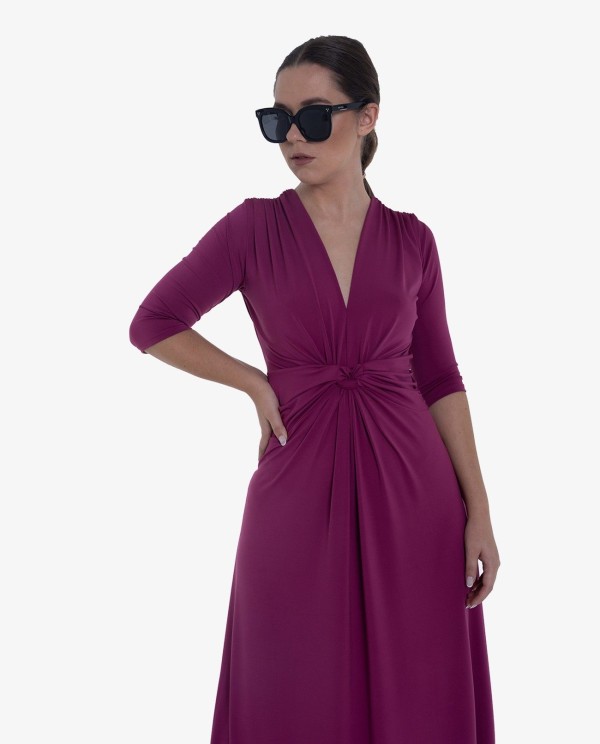 Cuplé MAXI VESTIDO MAGENTA DE PUNTO CON NUDO FRONTAL Y MANGAS TRES CUARTOS Precio de fábrica
