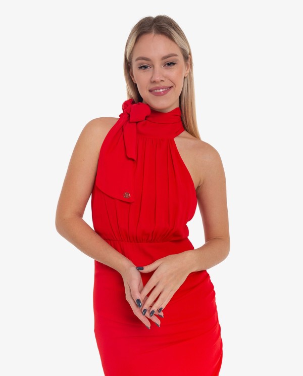 Cuplé VESTIDO LARGO HALTER FRUNCIDO ROJO Solo hoy