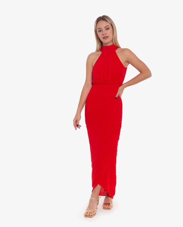 Cuplé VESTIDO LARGO HALTER FRUNCIDO ROJO Solo hoy