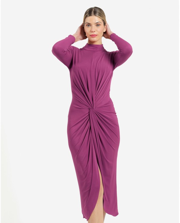 Cuplé VESTIDO MIDI FUCSIA DE PUNTO CON NUDO FRONTAL Y HOMBROS ESTRUCTURADOS Ahorra y exporta