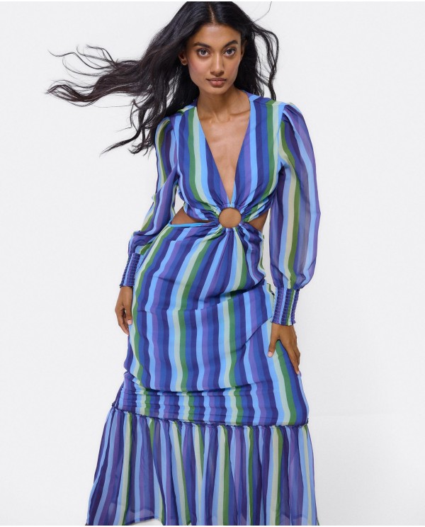 Cuplé VESTIDO MIDI ARO DELANTERO GASA RAYAS AZUL Ofertas de temporada