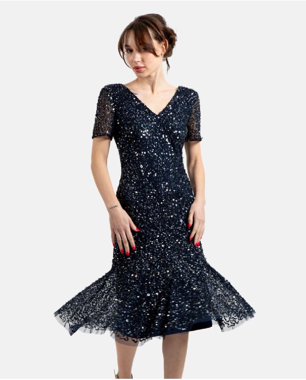 Cuplé VESTIDO MIDI VOLANTE LENTEJUELAS MARINO