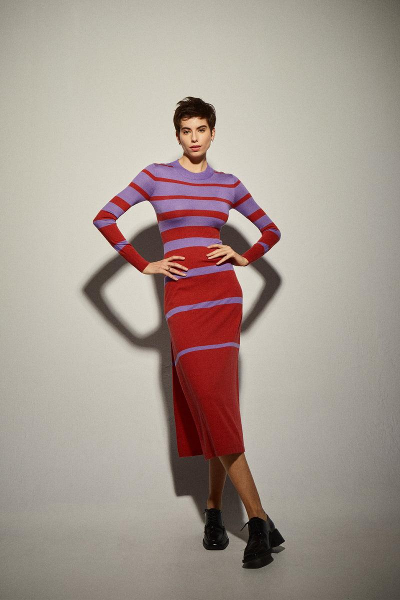 Dolores promesas Vestido Punto Rayas Lavanda y Rojo