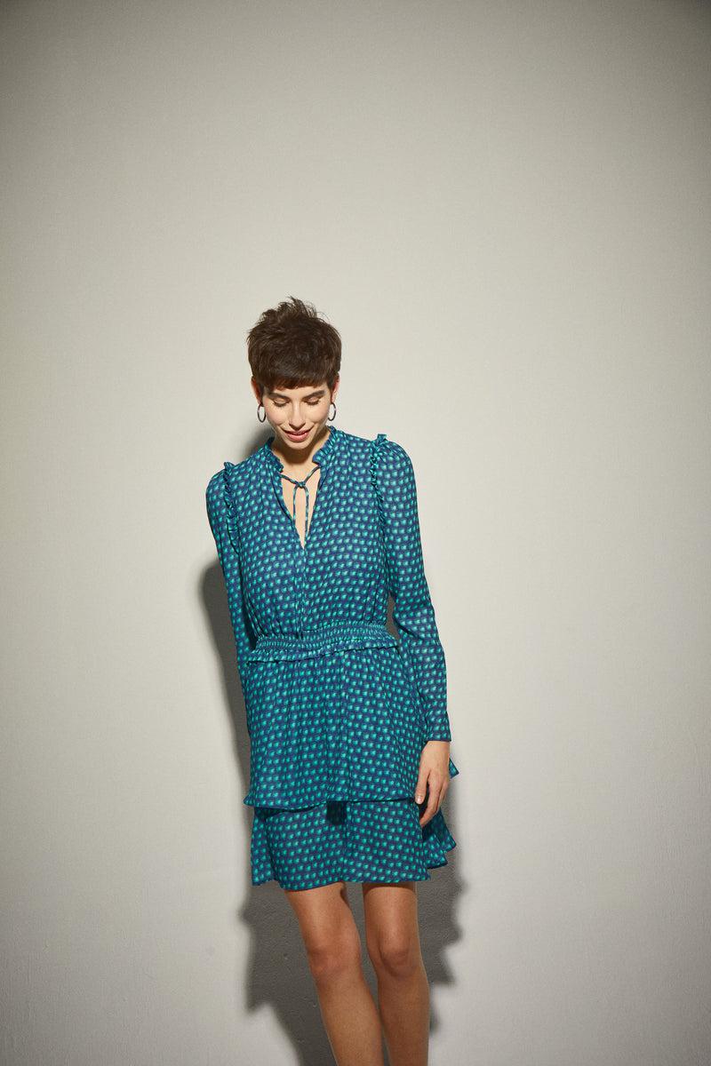 Dolores promesas Vestido Estampado Geometrico Teal Liquidación