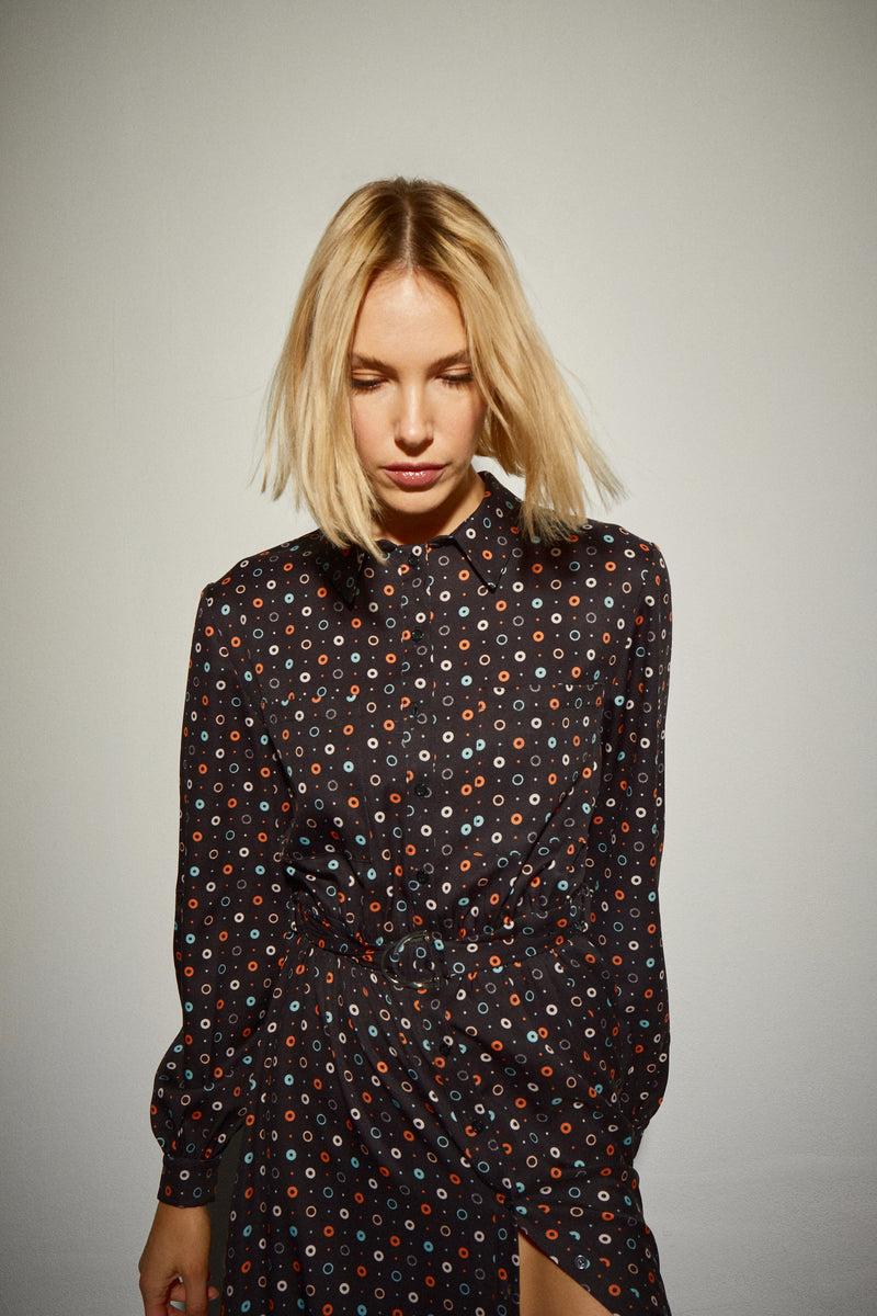 Dolores promesas Vestido Camisero Largo Estampado Círculos Promoción trimestral
