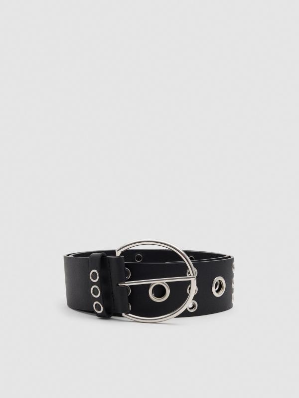 In side Cinturón polipiel negro eyelets hebilla redonda Rebajas baratas