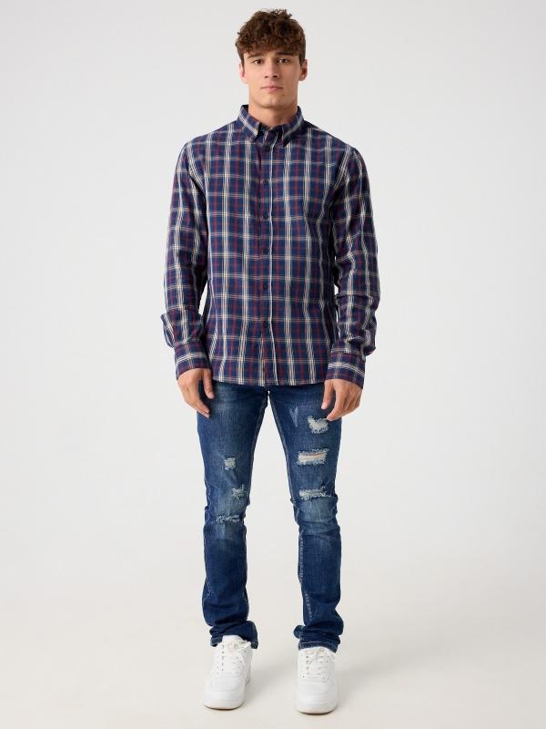 In side Camisa azul estampado cuadros Descuento por venta flash