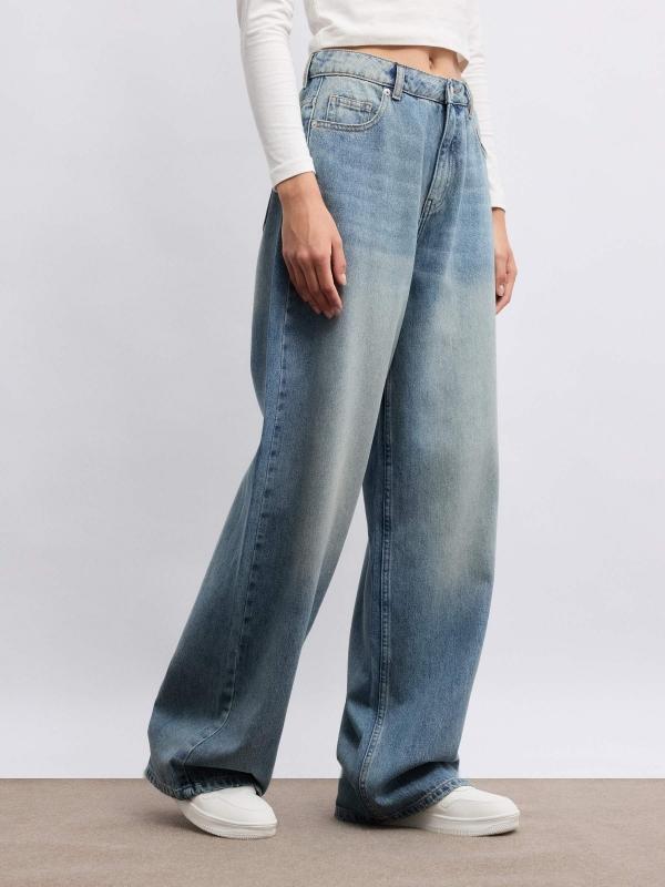 In side Jeans wide leg tiro alto azul lavado En oferta