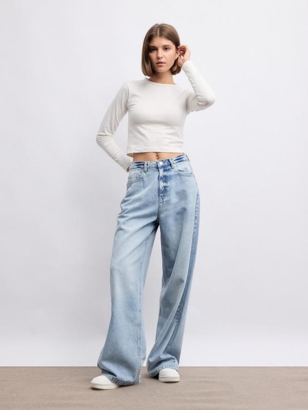 In side Jeans wide leg tiro alto azul claro Rebajas baratas