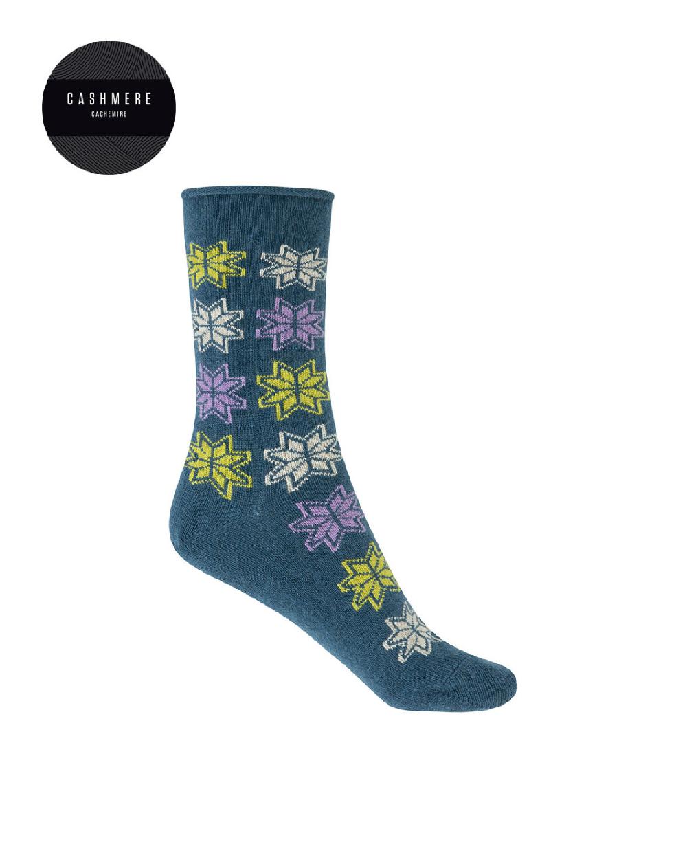 punto blanco Calcetines de cashmere/lana - flores de nieve - puño roulé