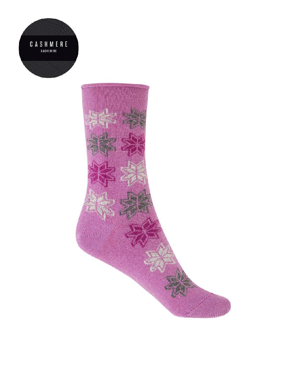 punto blanco Calcetines de cashmere/lana - flores de nieve - puño roulé