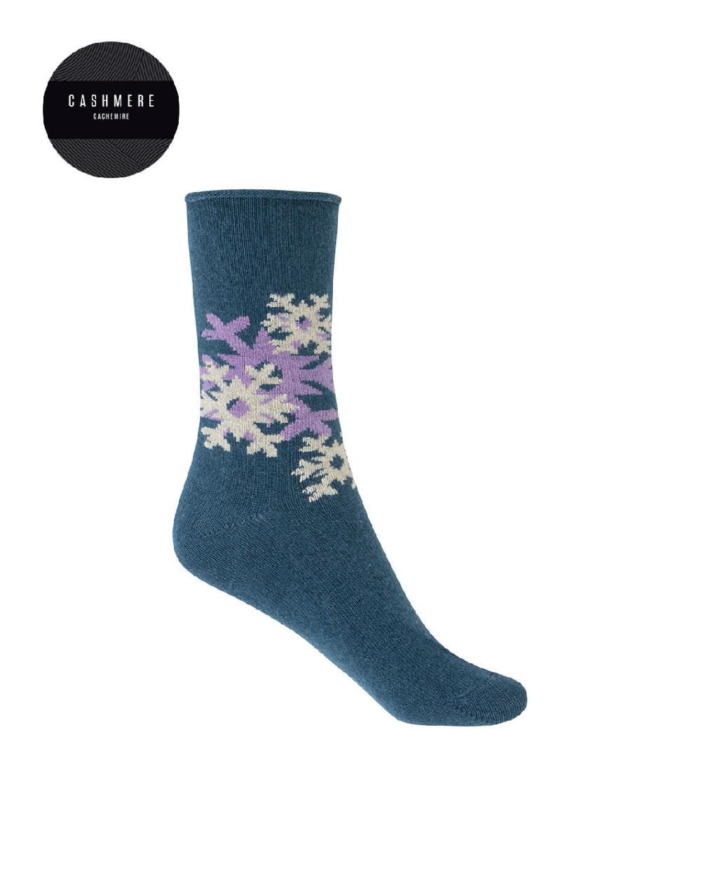 punto blanco Calcetines de cashmere/lana - flores de nieve - puño roulé