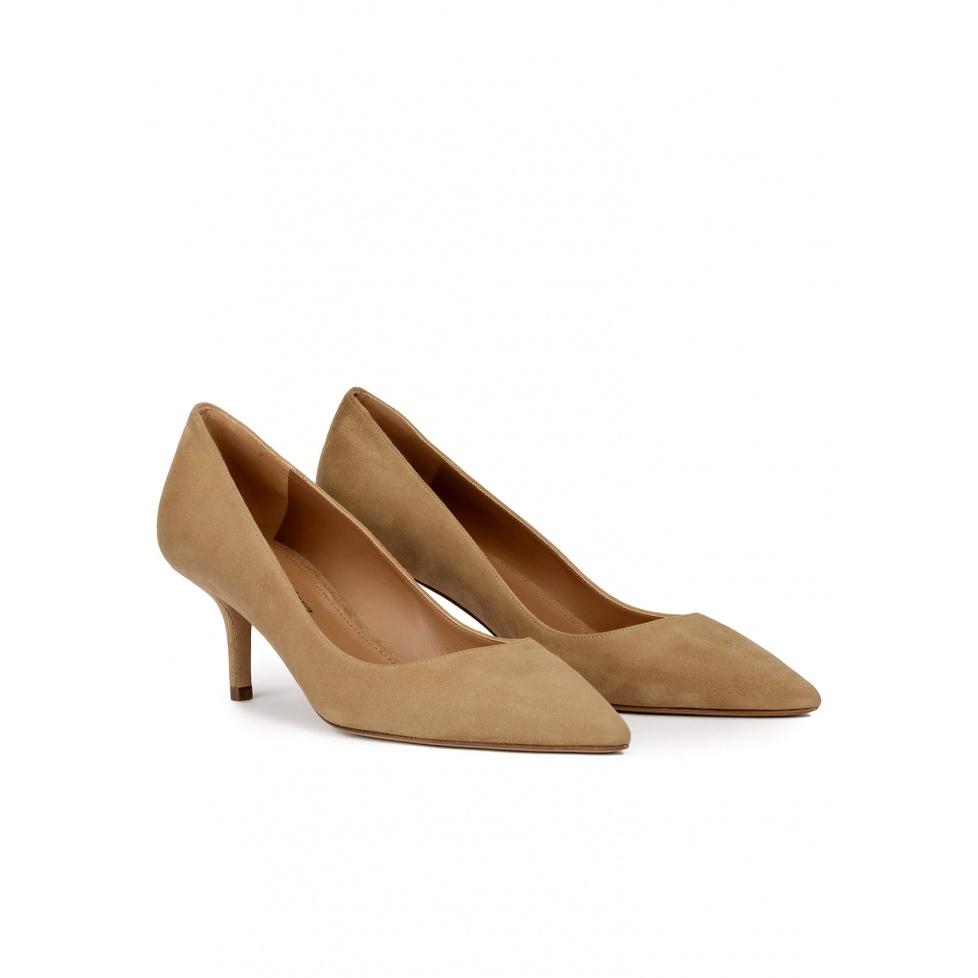pura lópez Zapatos de tacón medio y punta fina en ante camel Liquidación