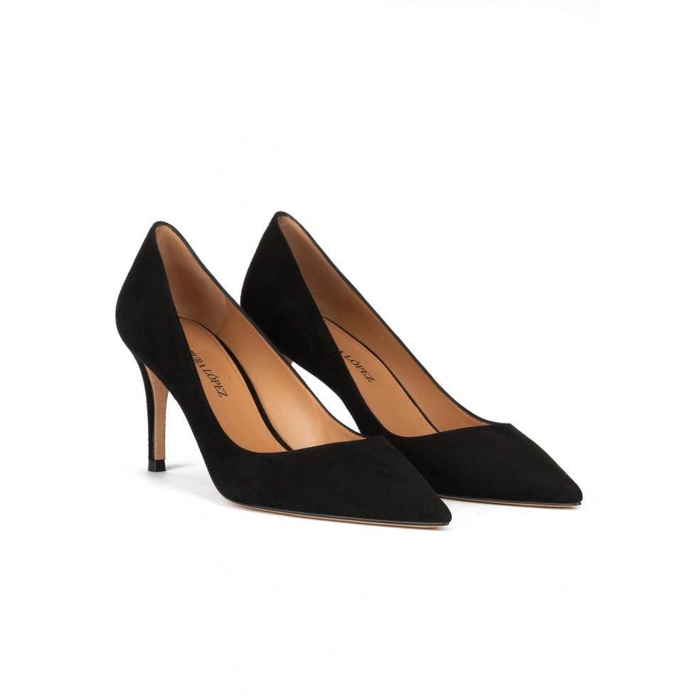pura lópez Zapatos negros de ante con tacón medio y punta fina Ofertas de temporada