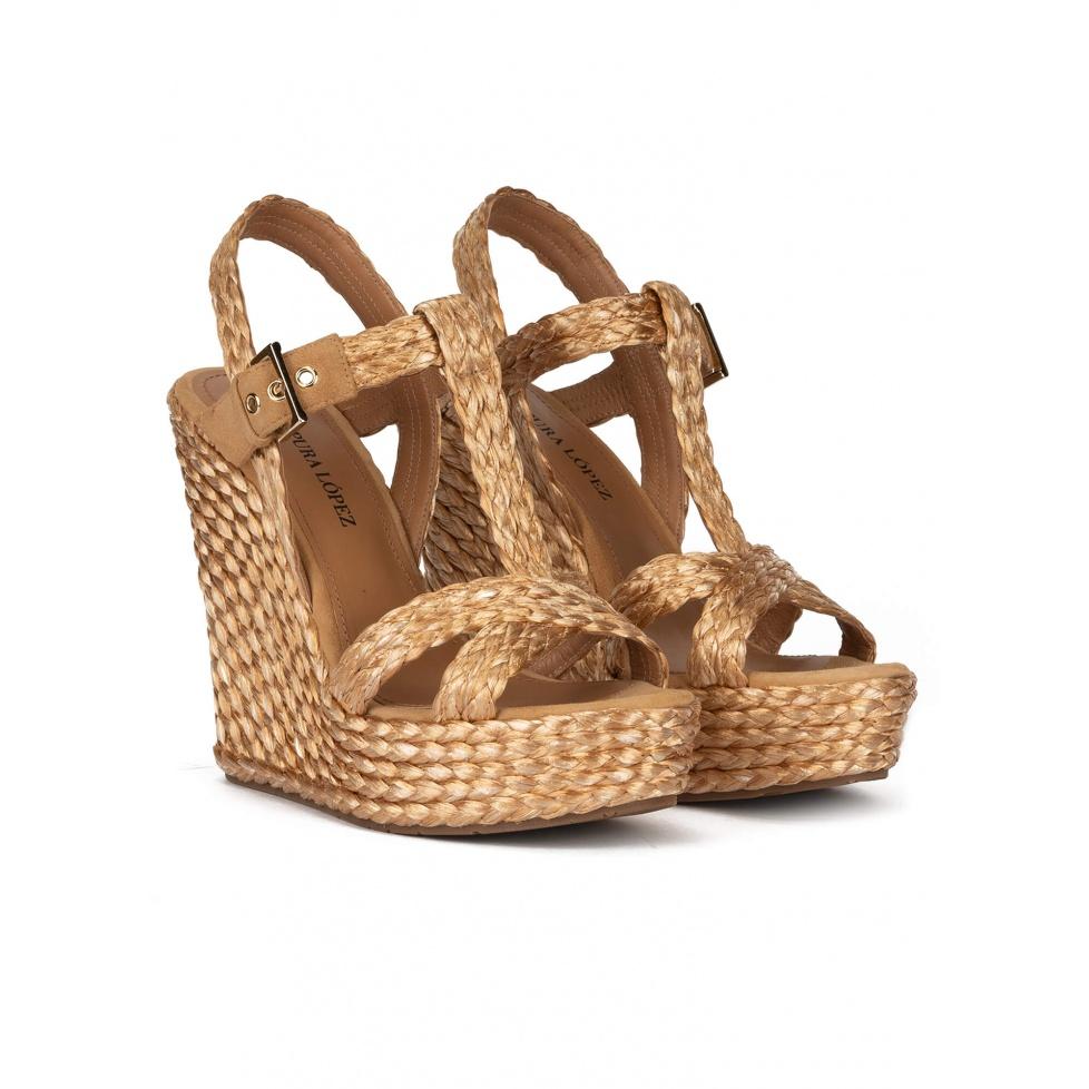 pura lópez Sandalias de cuña alta en rafia bronce Outlet online