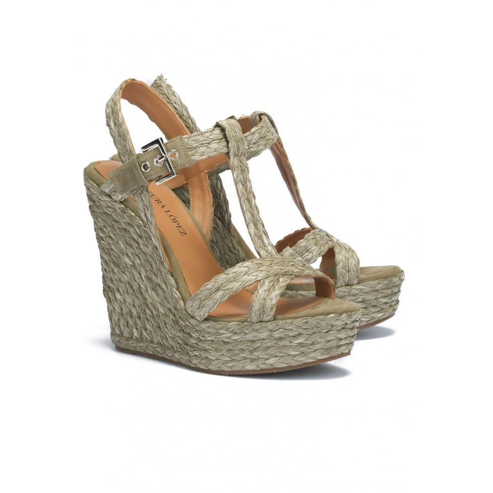 pura lópez Sandalias de cuña en rafia verde caqui Rebajas