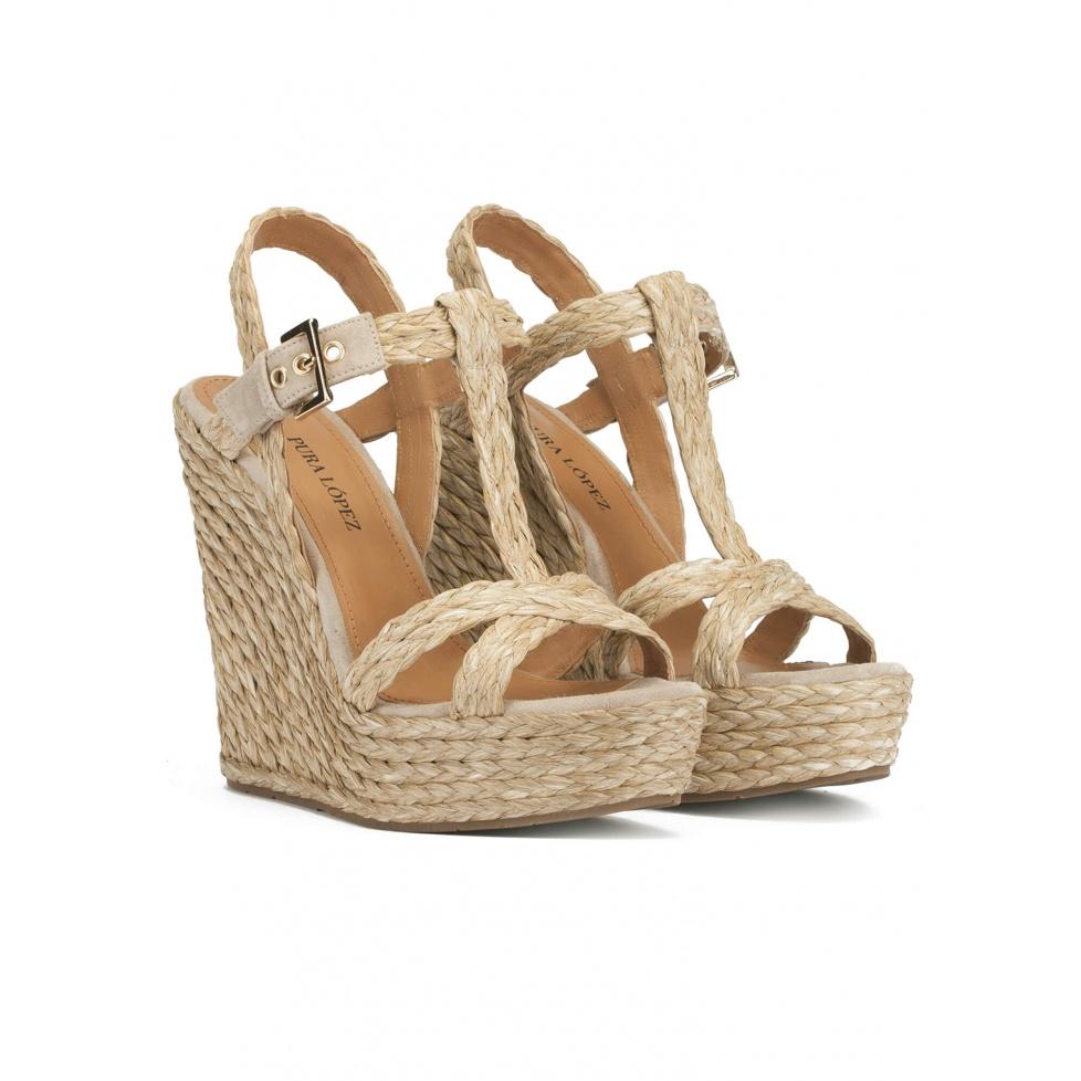 pura lópez Sandalias de cuña alta en rafia trenzada y ante color topo Ventas relámpago