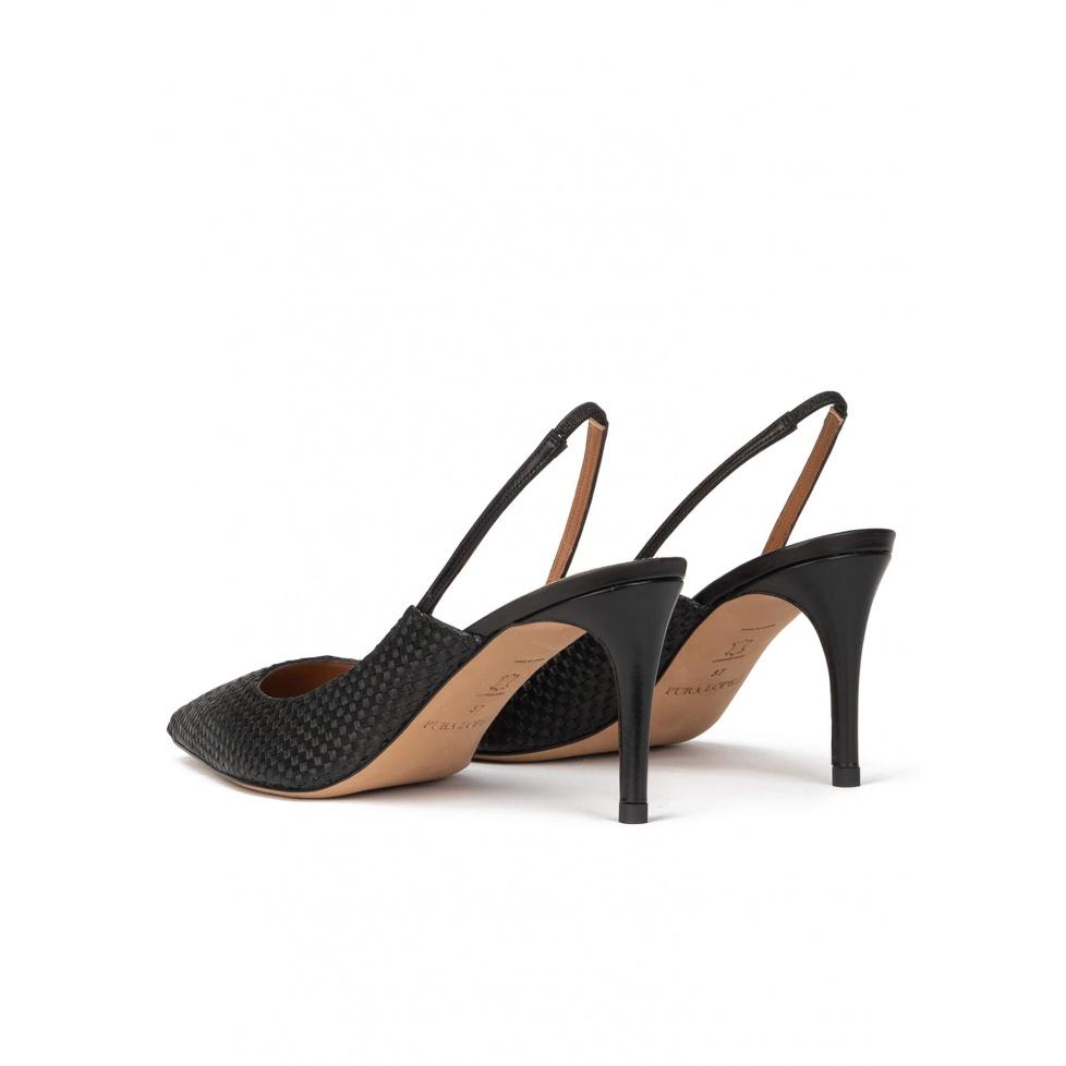pura lópez Zapatos negros de tacón medio en rafia y piel Venta caliente