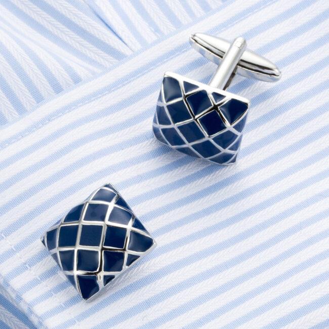 shlax & wing Mens Cufflinks Stainless steel Blue Checkes Pattern Enamel Elegant Style Mens Cuffs 89 Oferta especial de fábrica