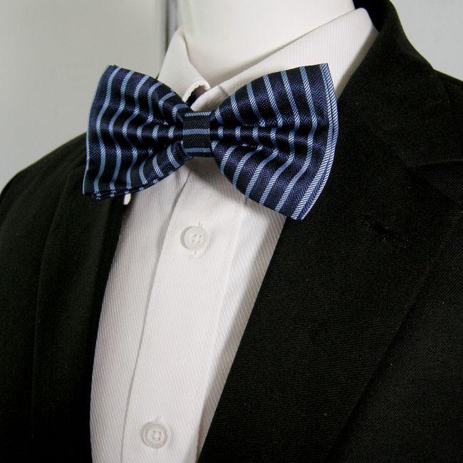 shlax & wing Blue Navy Stripes Mens Pre-tied Ajustable SilkBlend Wedding Dress SilkBlend Bow Tie