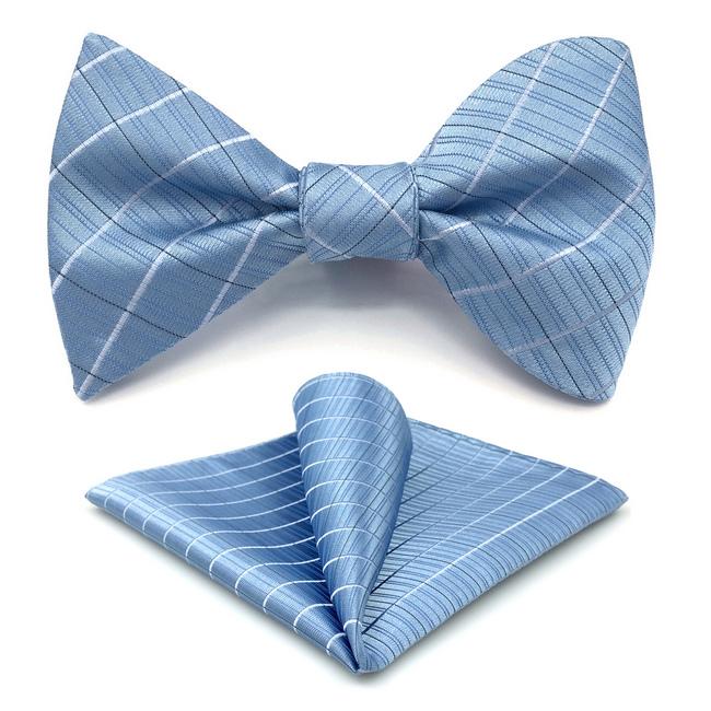shlax & wing F3 Light Blue Checkes Men’s Bow Tie Hanky Set Business Silk Gift En oferta