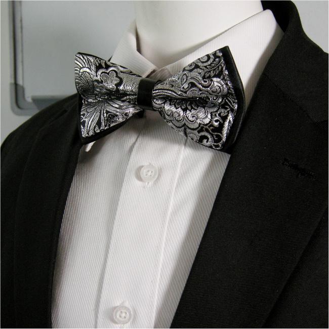 shlax & wing Silver Black Abstract Mens Bow Tie Pre-tied Ajustable SilkBlend Wedding Dress Silk Blend Descuentos del mes