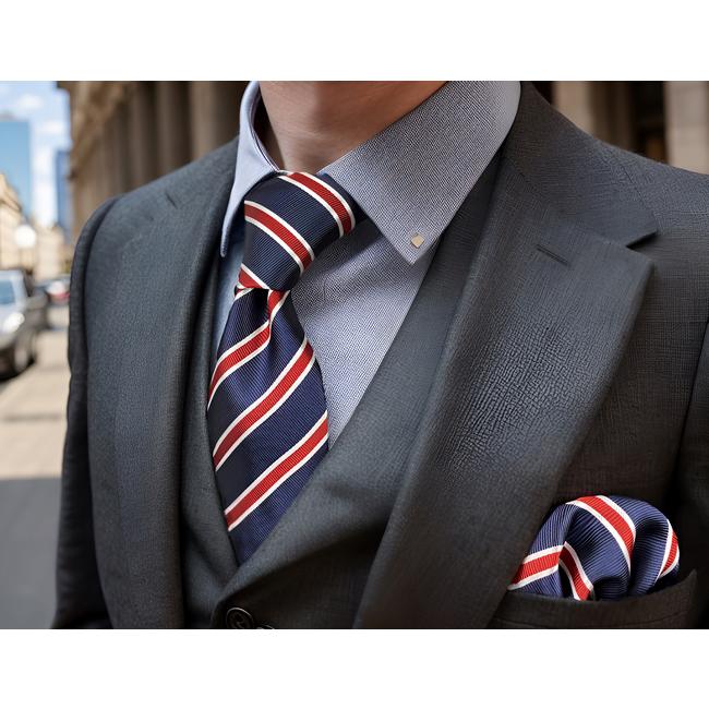 shlax & wing G04 Blue Red Striped Mens Neckties Set Silk Classic Ties for Men Wedding Extra long size Accessory Hanky Party