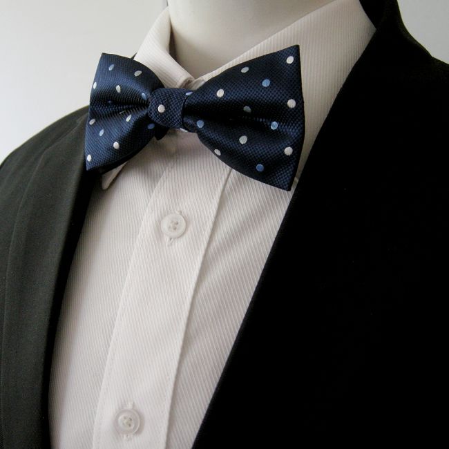 shlax & wing Navy Light Blue White Dots Mens Bow Tie Pre-tied Dress Wedding Blend Ajustable SilkBlend Wedding