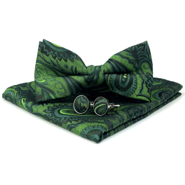 shlax & wing U30 Paisley Dark Green Mens Bow Tie Hanky Cufflinks Set Jacquard Woven Precio ultrabajo