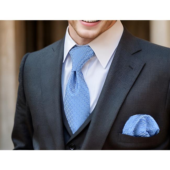shlax & wing A40 Steel Blue Ripple Ties for Men Fashion Party Hanky Set Accessories Groom Business 63″ Men’s Necktie