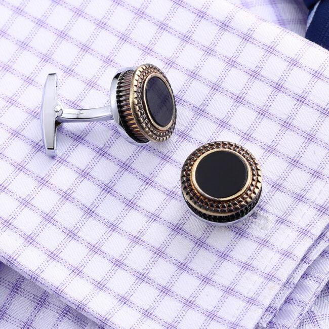 shlax & wing Circular Mens Cufflinks Stainless steel Enamel Black Elegant Style Mens Cuffs 99 Descuento