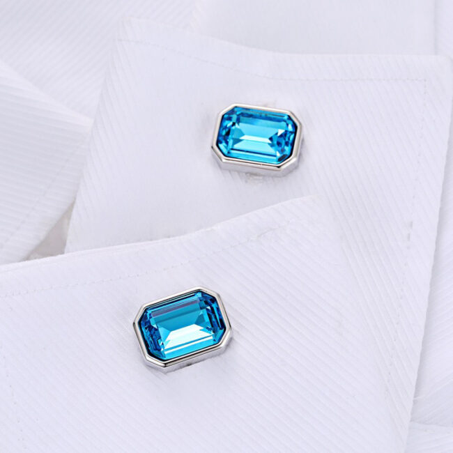 shlax & wing Men’s Stud Cufflinks Square Light Blue Silver Zircon Cuff Links 91 Liquidación