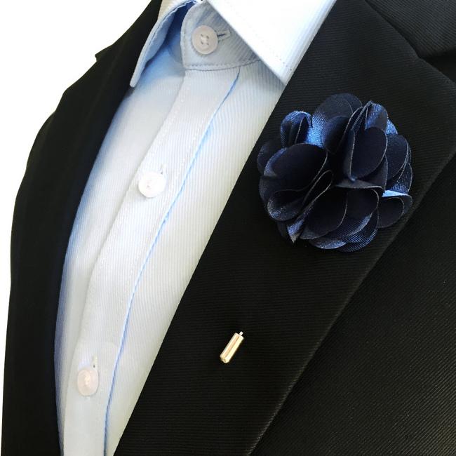 shlax & wing Navy Silk Cotton Blend Lapel Flowers Boutonniere Stick Pin Men’s Accessories Handmade Necktie Outlet