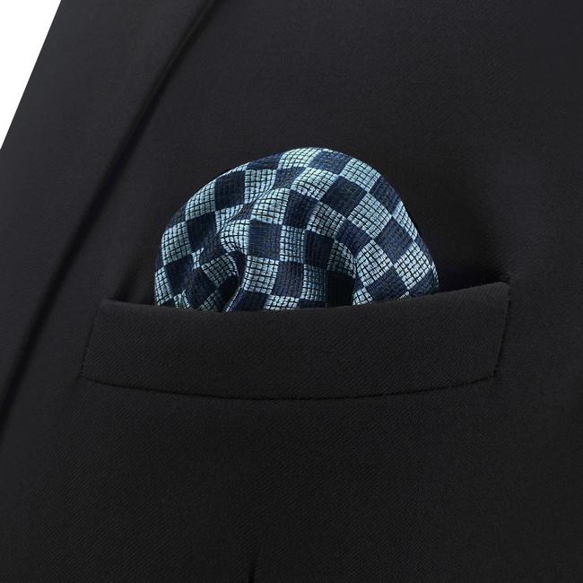 shlax & wing CH22 Navy Light Blue Checkes Mens Pocket Square Wedding Fashion Hanky Dress Accessory Silk Handkerchief Tienda