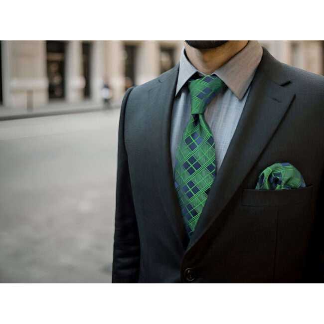 shlax & wing A92 Checked Green Mens Necktie Pocket Square Set Jacquard Woven Classic Groom 63″ Business