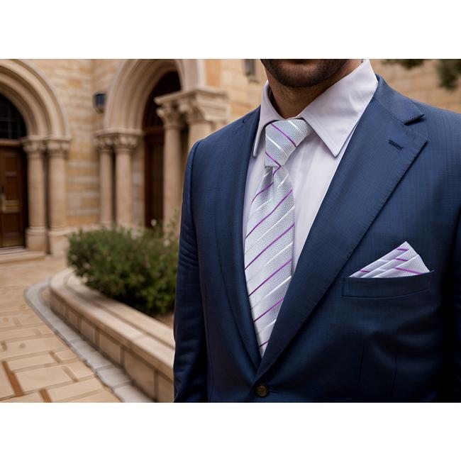 shlax & wing B37 Light Gray Striped Mens Neckties Pocket Square Set Classic Dress Party Fashion Extra Long Size Wedding Última moda