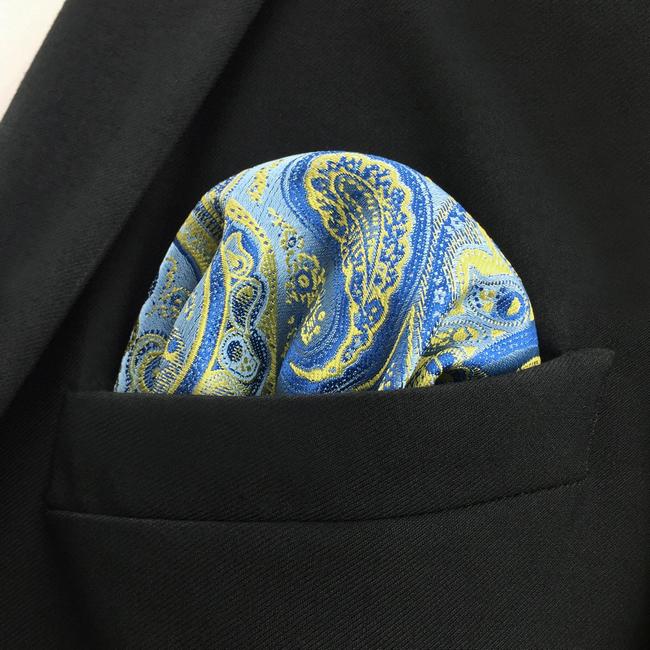 shlax & wing EH8 Azure Yellow Paisley Silk Mens Pocket Square Wedding Classic Handkerchief Classic Novelty Hanky Outlet