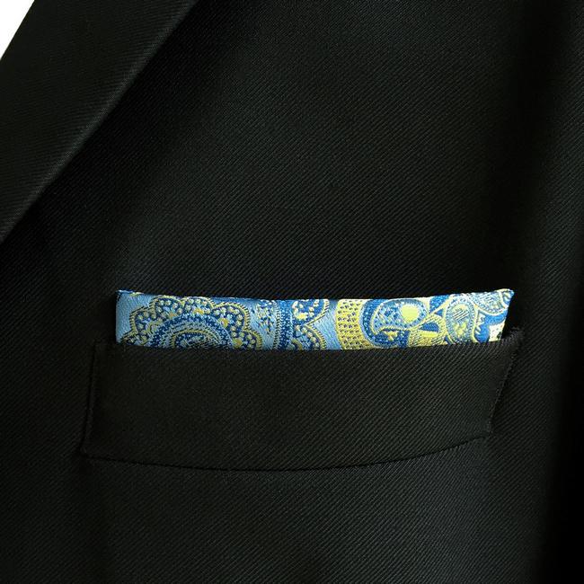 shlax & wing EH8 Azure Yellow Paisley Silk Mens Pocket Square Wedding Classic Handkerchief Classic Novelty Hanky Outlet